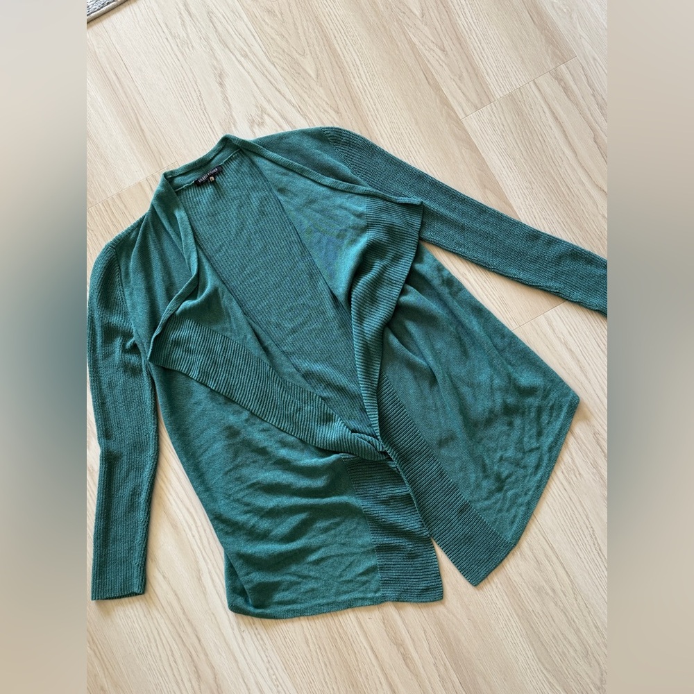 Eileen Fisher Waterfall Cardigan Sweater teal silk cotton viscose open front XS